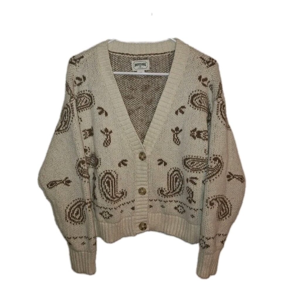 American Eagle Women's Large Beige Sweater Paisley Pattern 3 Button